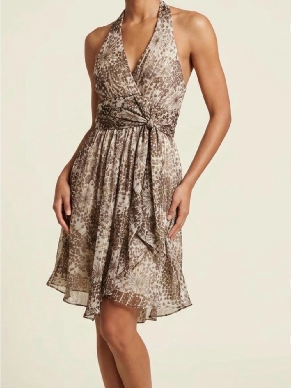 BCBGMaxAzria Taupe Floral Halter Tie-Waist Dress